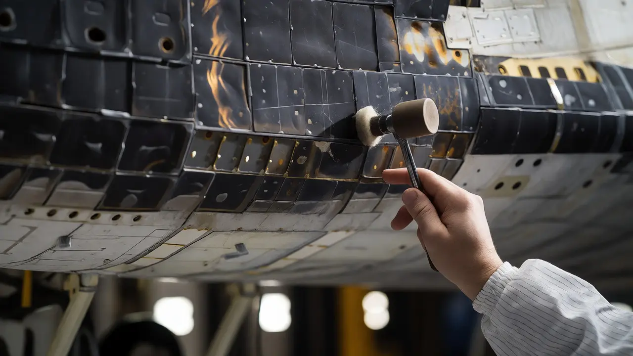 Technician inspecting fragile thermal tiles on orbiter
