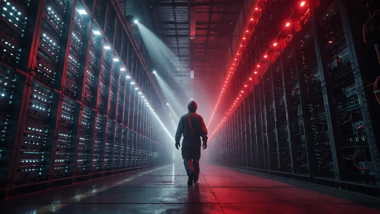 Technician walking through a mining warehouse with mixed lighting conditions.