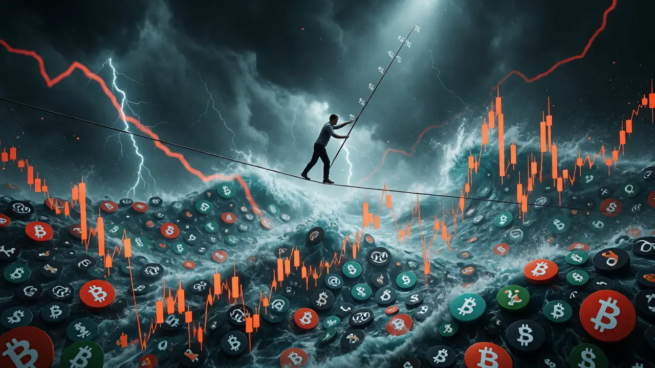 Tightrope walker balancing over a stormy sea of crypto volatility representing risk management.