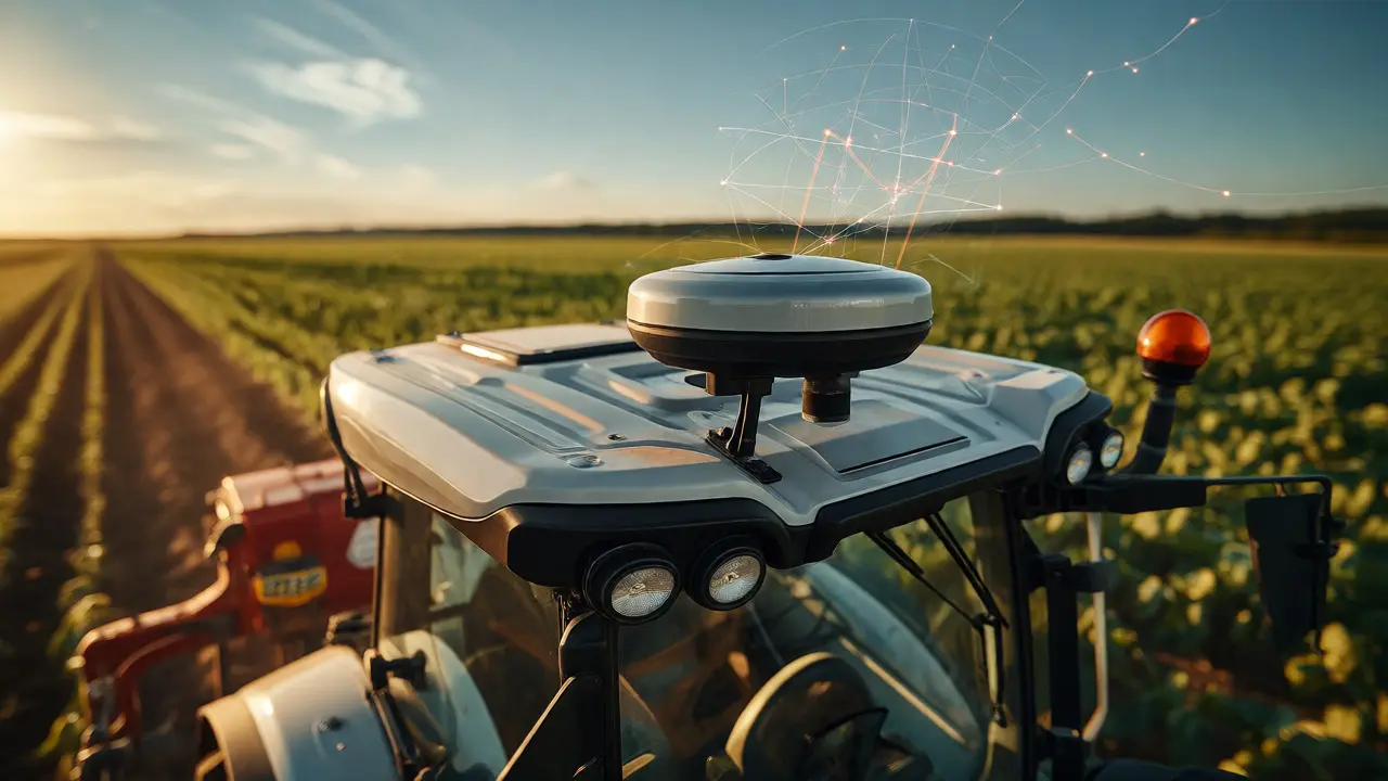 Tractor with GNSS antenna in field with satellite overlay visualization