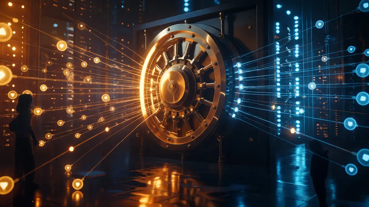 Validators voting around a central vault symbolizing economic consensus and finality.