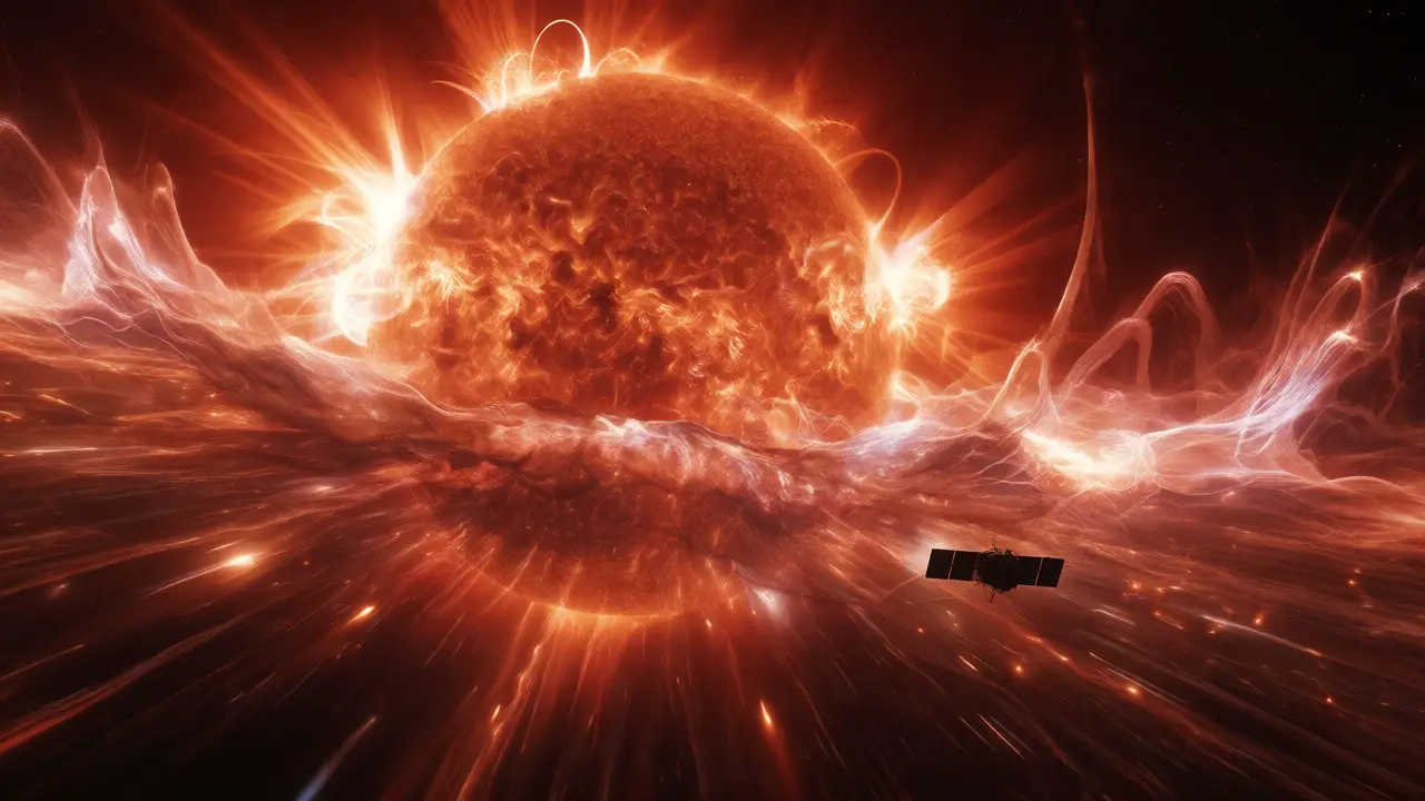 Violent solar flare and energetic particle storm impacting a spacecraft during solar maximum.